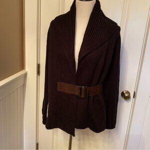 SOFT SURROUNDINGS SWEATER CARDIGAN BLACK SHAWL COLLAR ATTACHED BROWN BELT L
